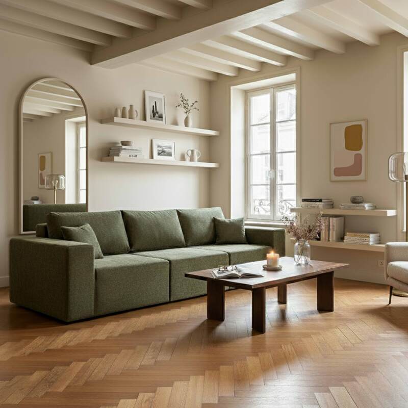 Sofá modular de 3 plazas de tela con cojines