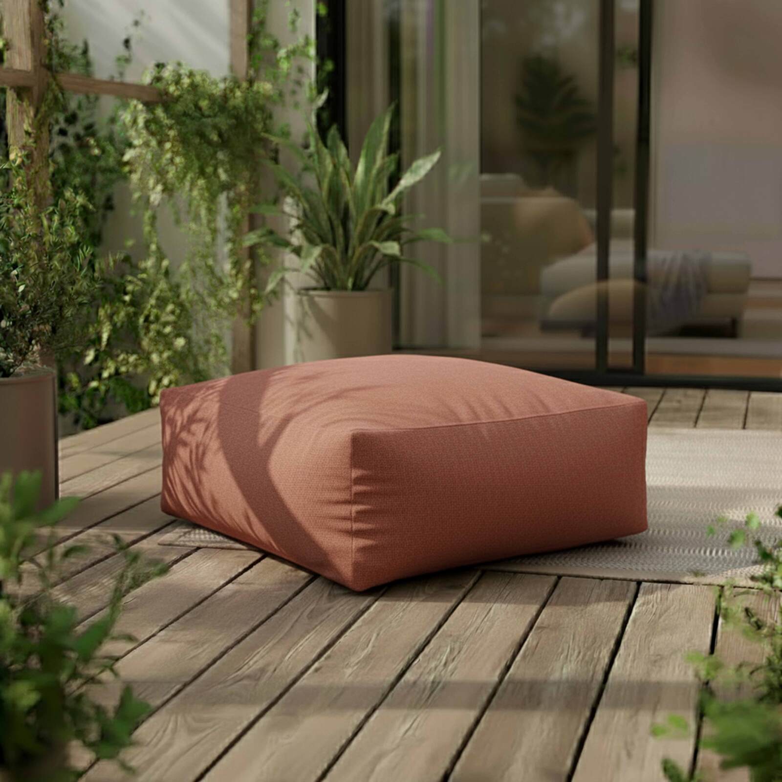 Sofá modular a rayas de exterior para 5 personas con 2 sillones bajo, 1 sillón esquinero, 1 tumbona y 1 puf
