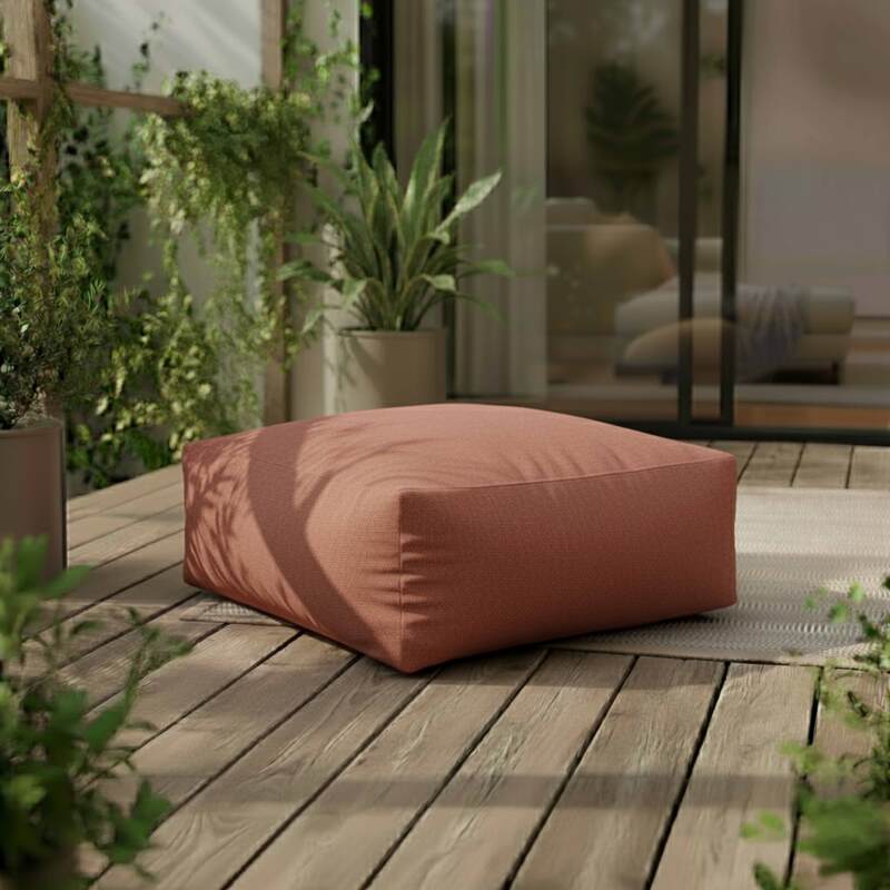 Sofá modular a rayas de exterior para 5 personas con 2 sillones bajo, 1 sillón esquinero, 1 tumbona y 1 puf
