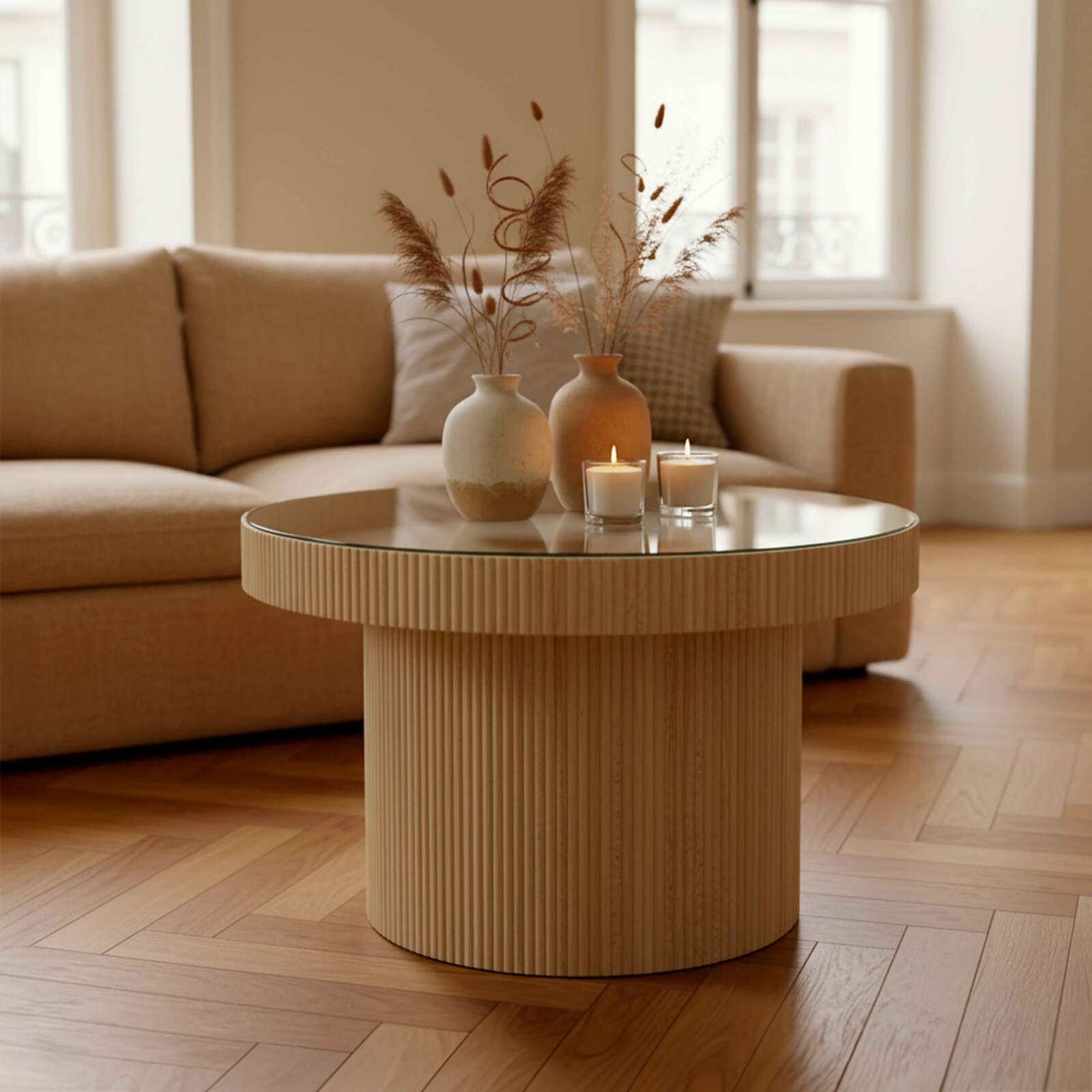 Mesa de centro de madera y cristal templado redonda Ø59 cm estilo escandinavo