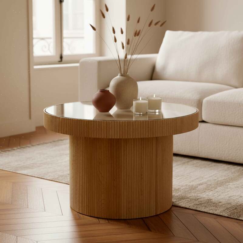 Mesa de centro de madera y cristal templado redonda Ø59 cm estilo escandinavo