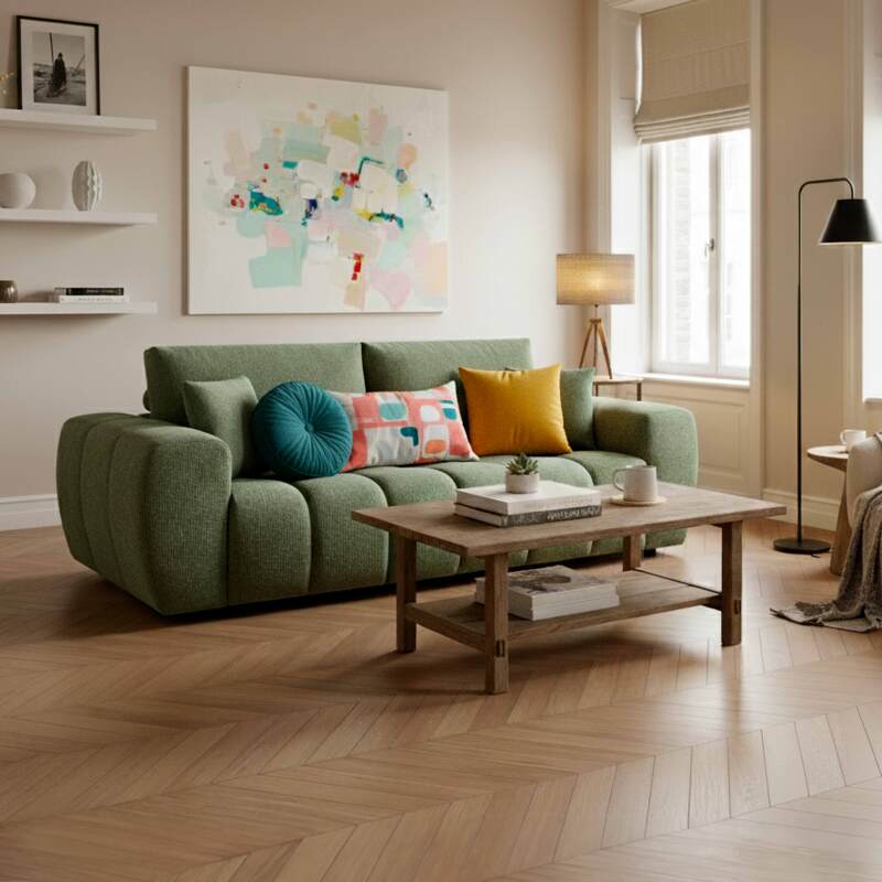 Sofá de 3 plazas de tela con cojines