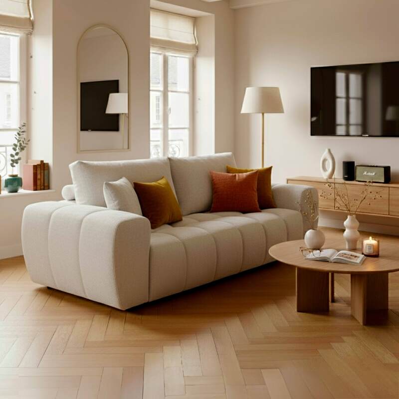 Sofá de 3 plazas de tela con cojines