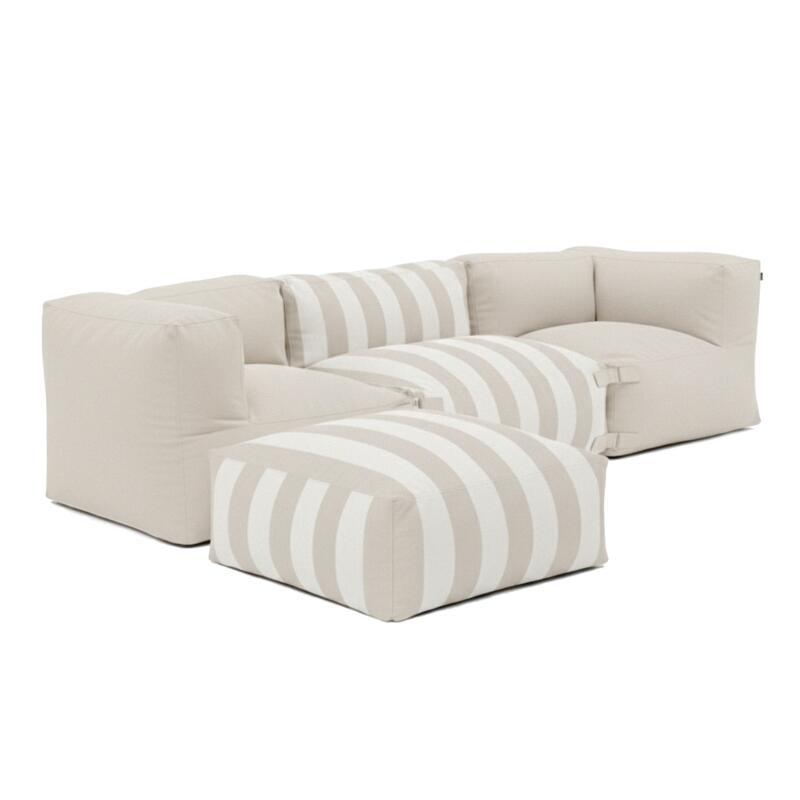 Sofá modular a rayas de exterior para 4 personas con 1 sillón, 2 sillones esquineros y 1 puf