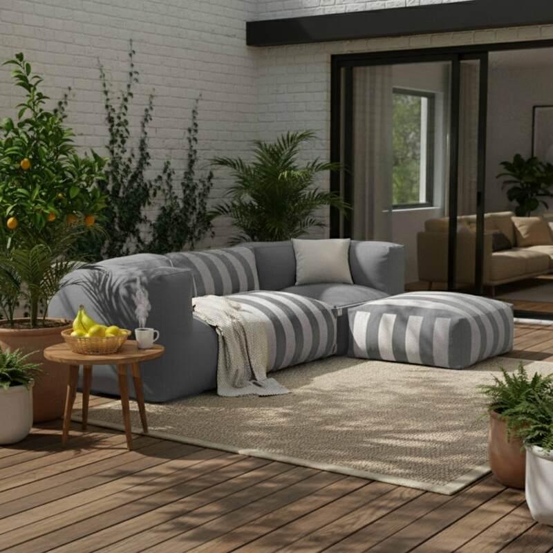 Sofá modular a rayas de exterior para 4 personas con 1 sillón, 2 sillones esquineros y 1 puf