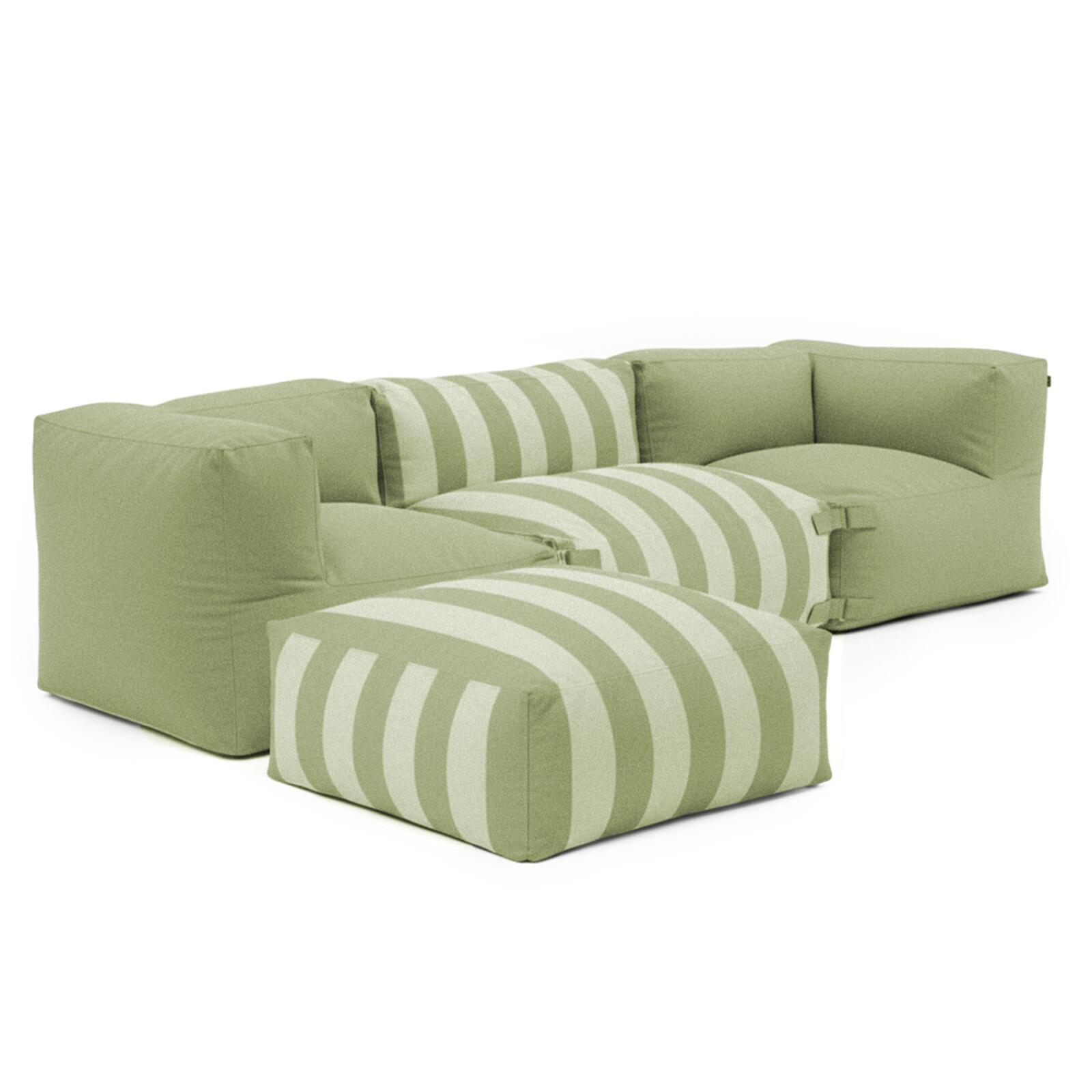 Sofá modular a rayas de exterior para 4 personas con 1 sillón, 2 sillones esquineros y 1 puf Sofá modular a rayas de exterior para 4 personas con 1 sillón, 2 sillones esquineros y 1 puf