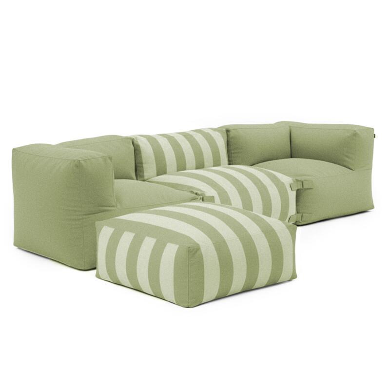 Sofá modular a rayas de exterior para 4 personas con 1 sillón, 2 sillones esquineros y 1 puf