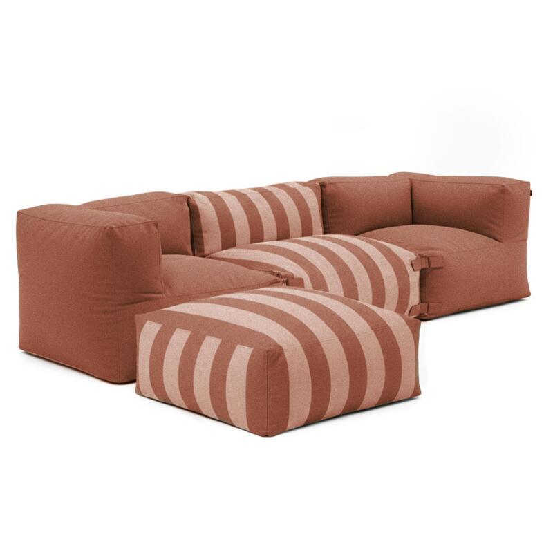 Sofá modular a rayas de exterior para 4 personas con 1 sillón, 2 sillones esquineros y 1 puf