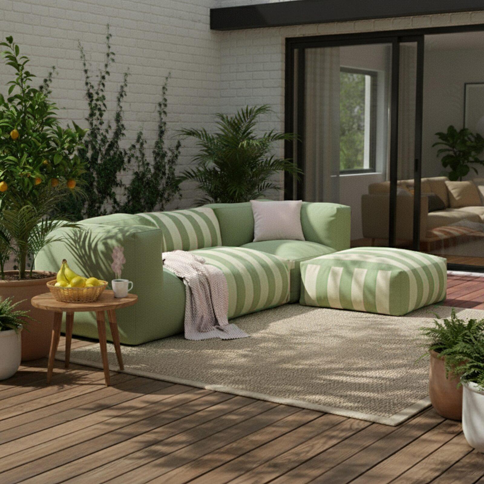 Sofá modular a rayas de exterior para 4 personas con 1 sillón, 2 sillones esquineros y 1 puf Sofá modular a rayas de exterior para 4 personas con 1 sillón, 2 sillones esquineros y 1 puf