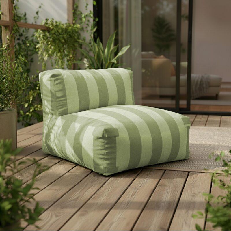 Sofá modular a rayas de exterior para 4 personas con 1 sillón, 2 sillones esquineros y 1 puf