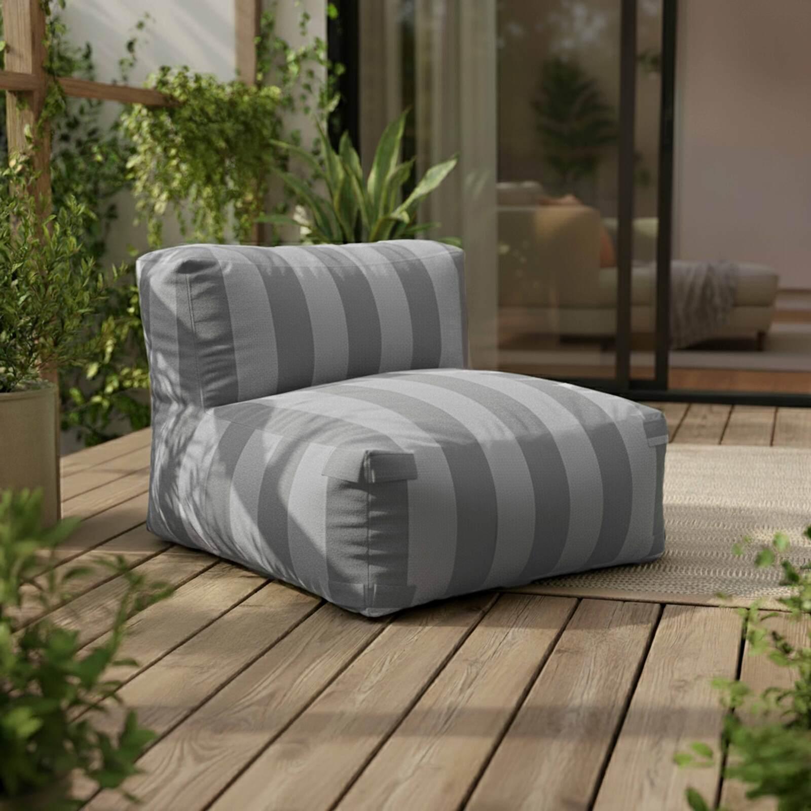 Sofá modular a rayas de exterior para 4 personas con 1 sillón, 2 sillones esquineros y 1 puf