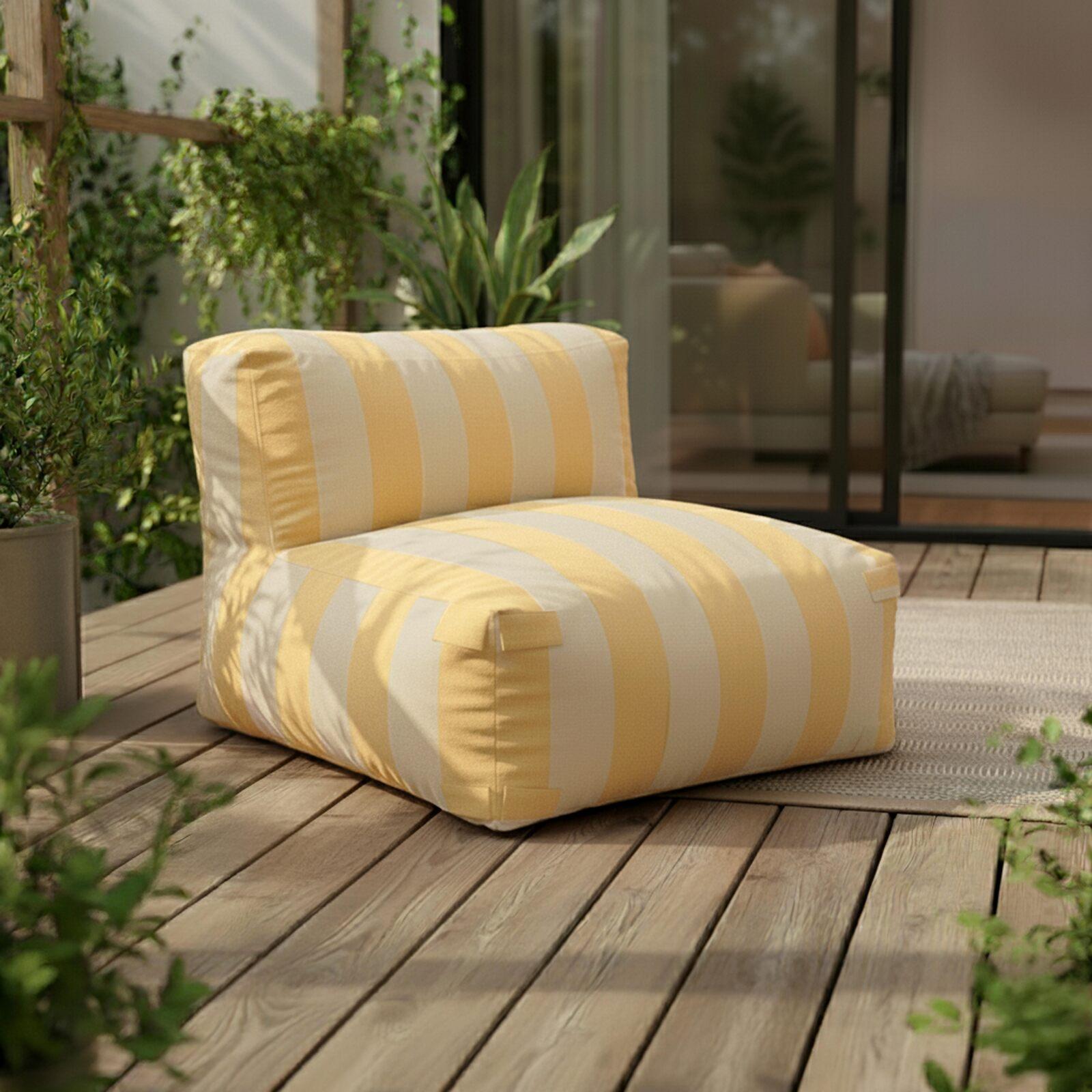 Sofá modular a rayas de exterior para 4 personas con 1 sillón, 2 sillones esquineros y 1 puf Sofá modular a rayas de exterior para 4 personas con 1 sillón, 2 sillones esquineros y 1 puf