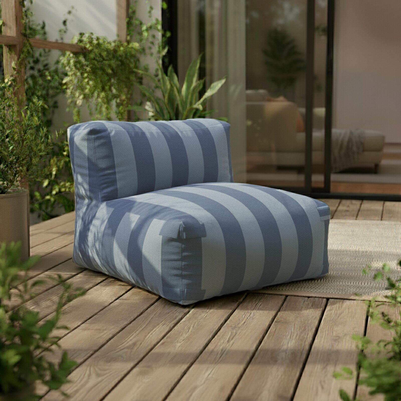 Sofá modular a rayas de exterior para 4 personas con 1 sillón, 2 sillones esquineros y 1 puf