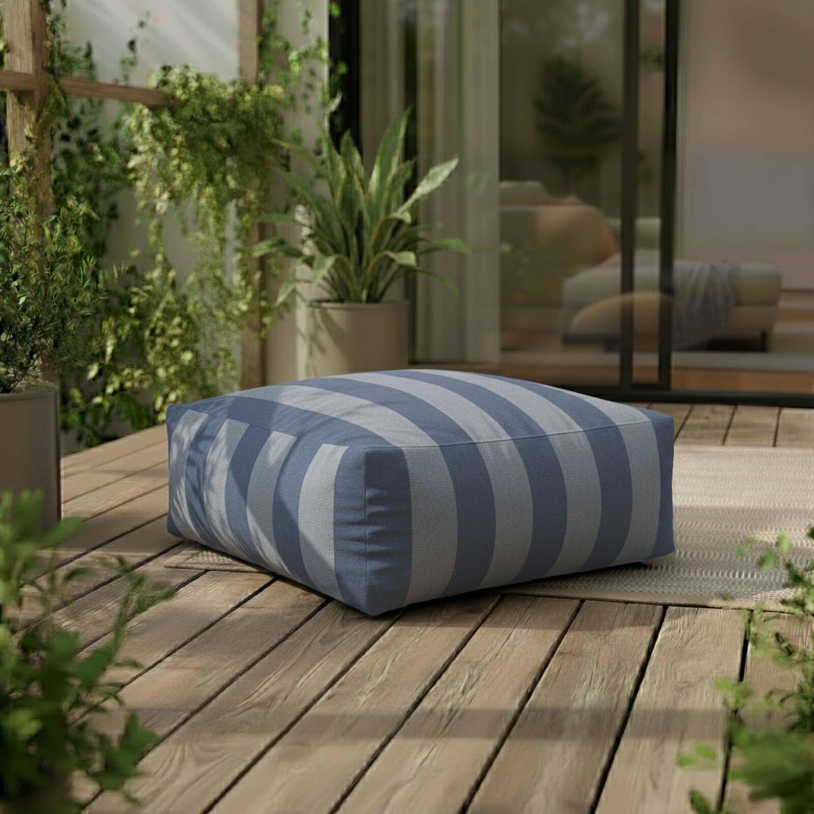 Sofá modular a rayas de exterior para 4 personas con 1 sillón, 2 sillones esquineros y 1 puf