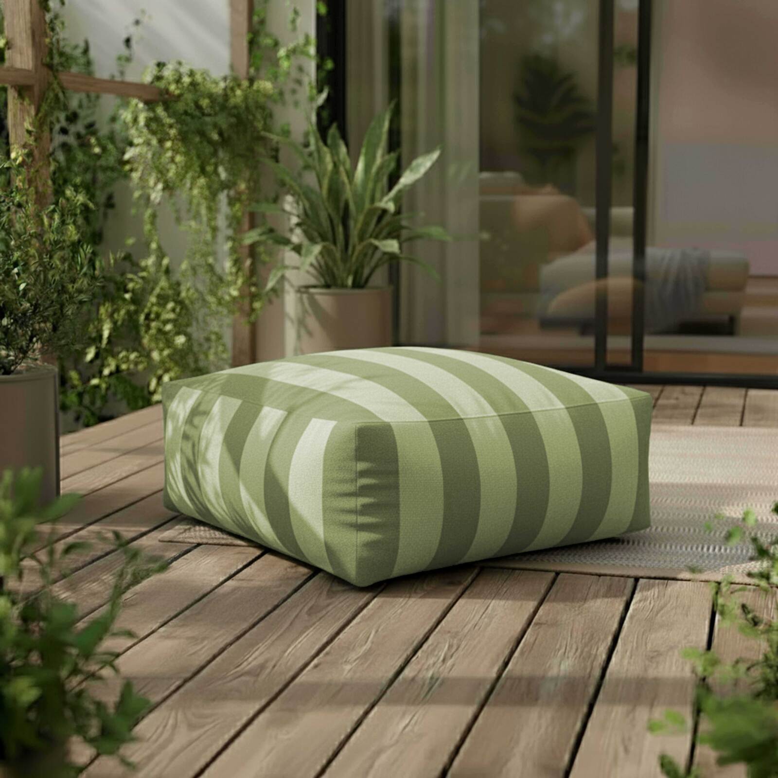 Sofá modular a rayas de exterior para 4 personas con 1 sillón, 2 sillones esquineros y 1 puf Sofá modular a rayas de exterior para 4 personas con 1 sillón, 2 sillones esquineros y 1 puf
