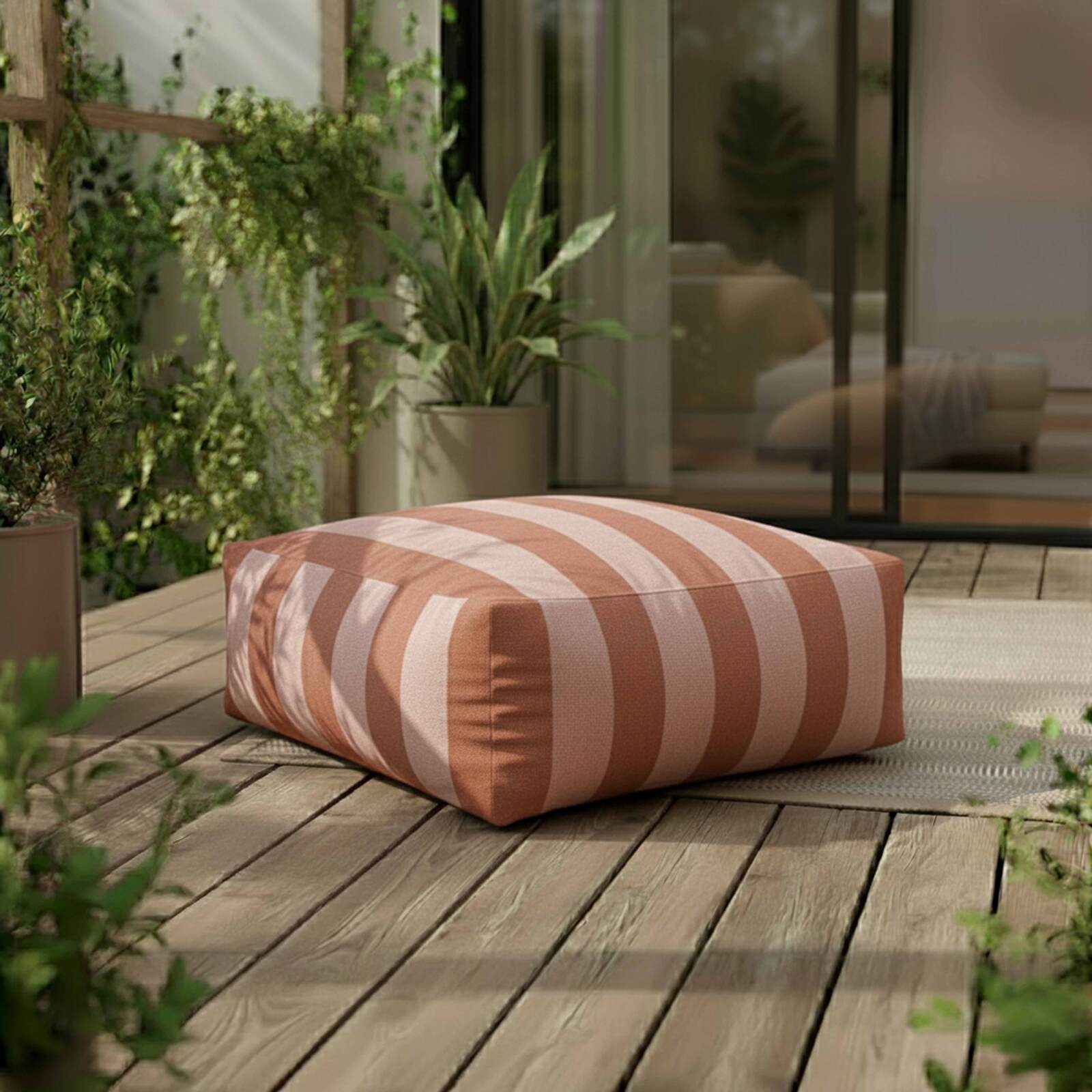 Sofá modular a rayas de exterior para 4 personas con 1 sillón, 2 sillones esquineros y 1 puf