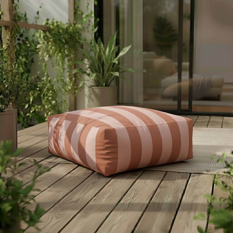 Sofá modular a rayas de exterior para 4 personas con 1 sillón, 2 sillones esquineros y 1 puf