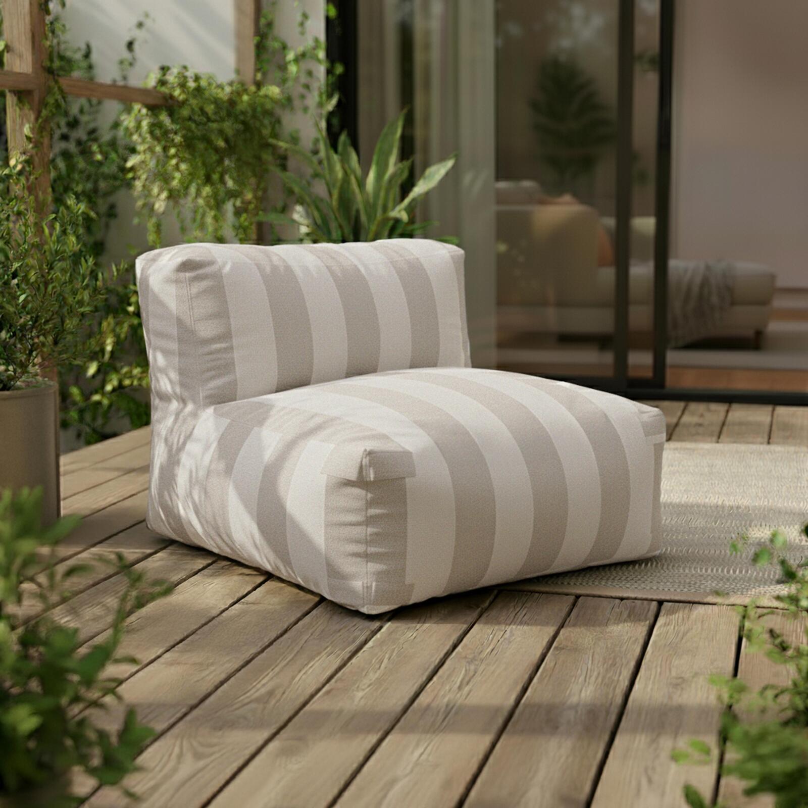 Sofá modular a rayas de exterior para 4 personas con 1 sillón, 2 sillones esquineros y 1 puf