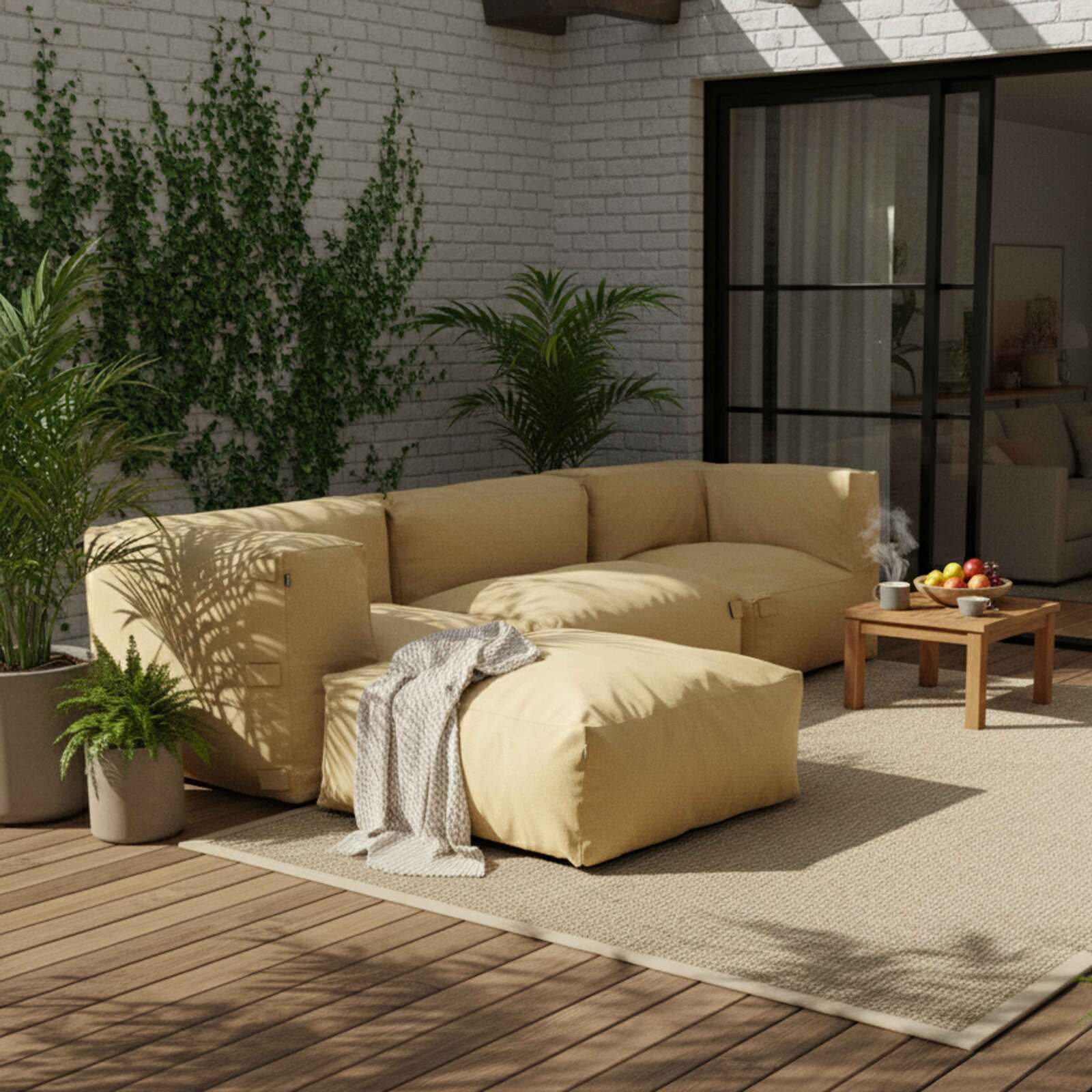 Sofá modular de exterior para 4 personas con 1 sillón, 2 sillones esquineros y 1 puf