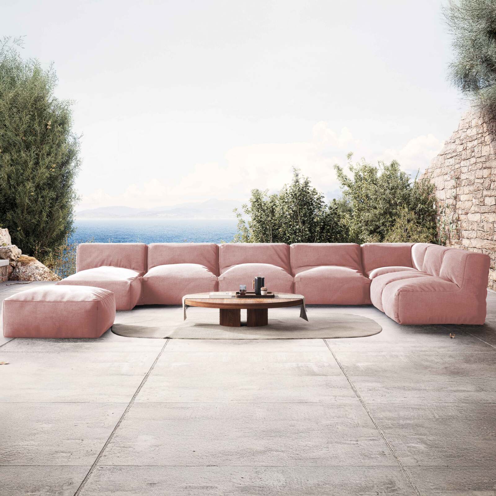Sofá modular de exterior para 8 personas con 5 sillones, 1 sillón esquinero, 1 chaise longue y 1 puf