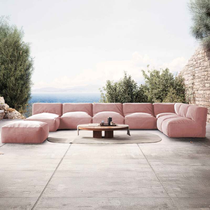 Sofá modular de exterior para 8 personas con 5 sillones, 1 sillón esquinero, 1 chaise longue y 1 puf