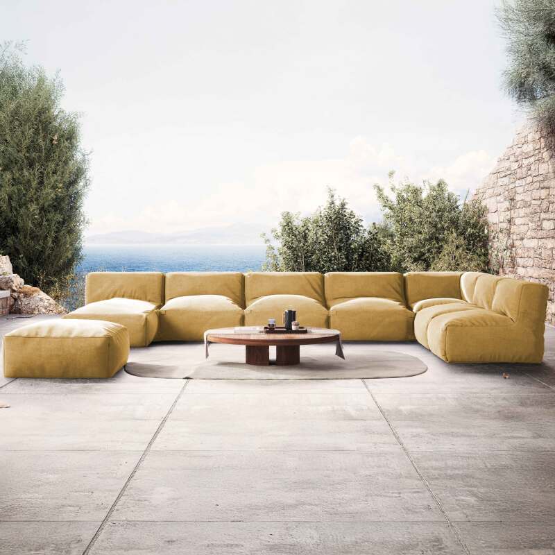 Sofá modular de exterior para 8 personas con 5 sillones, 1 sillón esquinero, 1 chaise longue y 1 puf