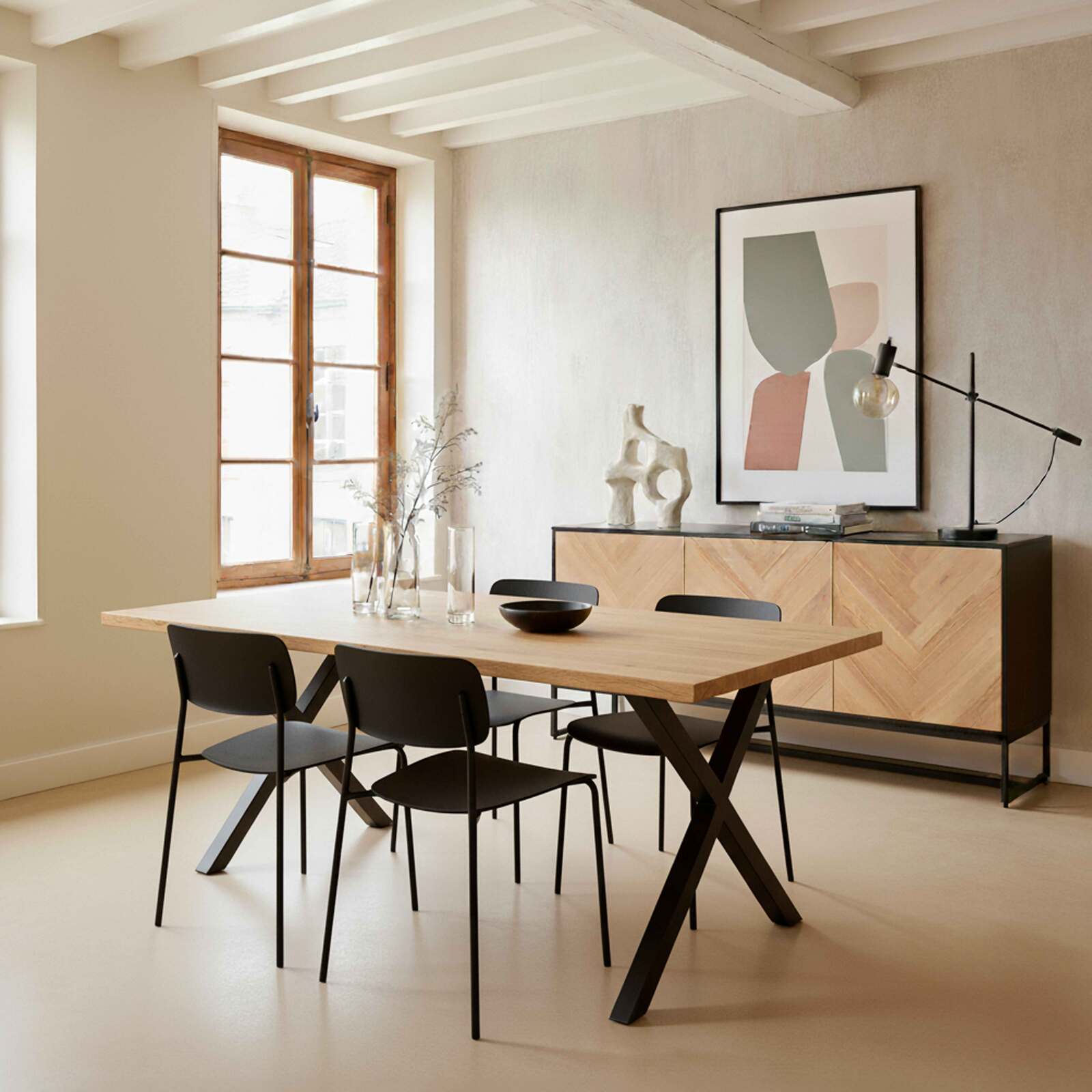 Aparador negro y madera decor roble FSC® 3 puertas 160 cm estilo boho