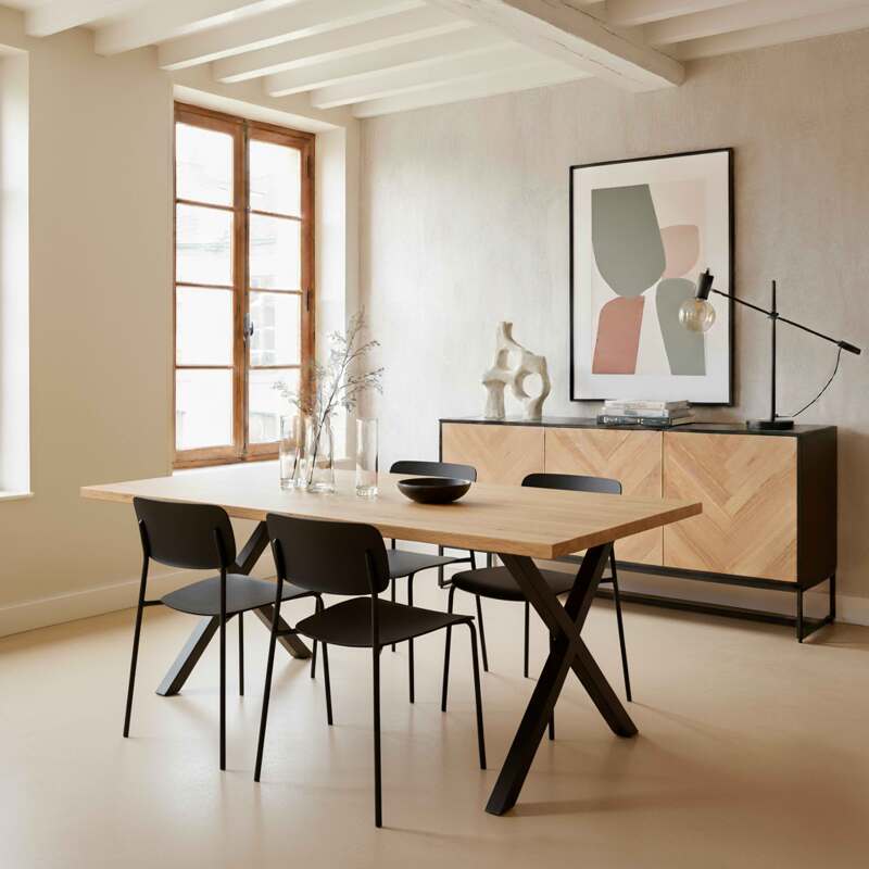 Aparador negro y madera decor roble FSC® 3 puertas 160 cm estilo boho