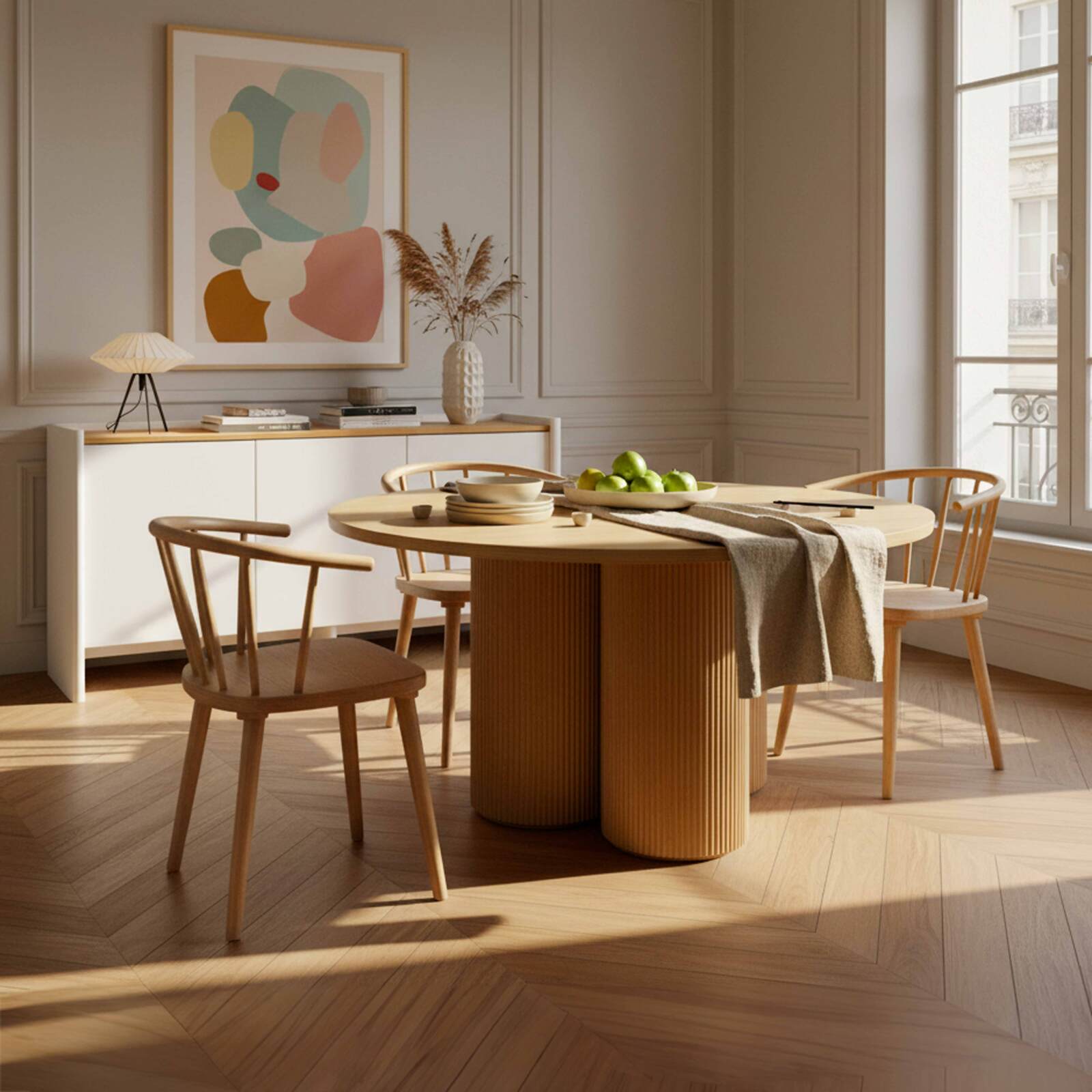 Mesa de comedor redonda efecto madera para 4 personas