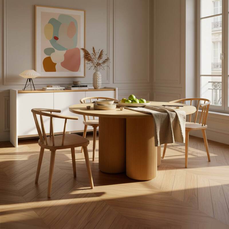 Mesa de comedor redonda efecto madera para 4 personas