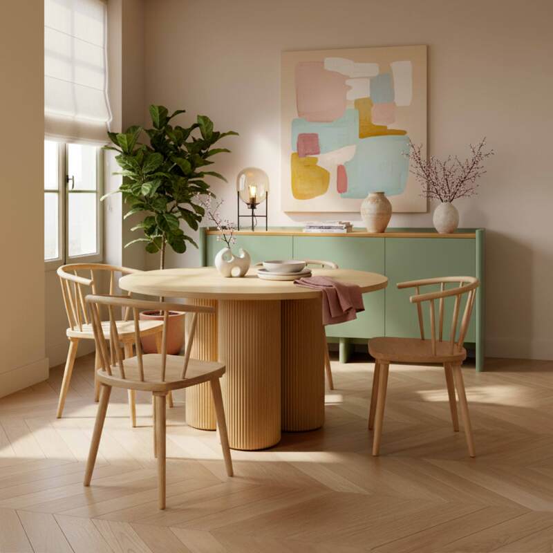 Mesa de comedor redonda efecto madera para 4 personas