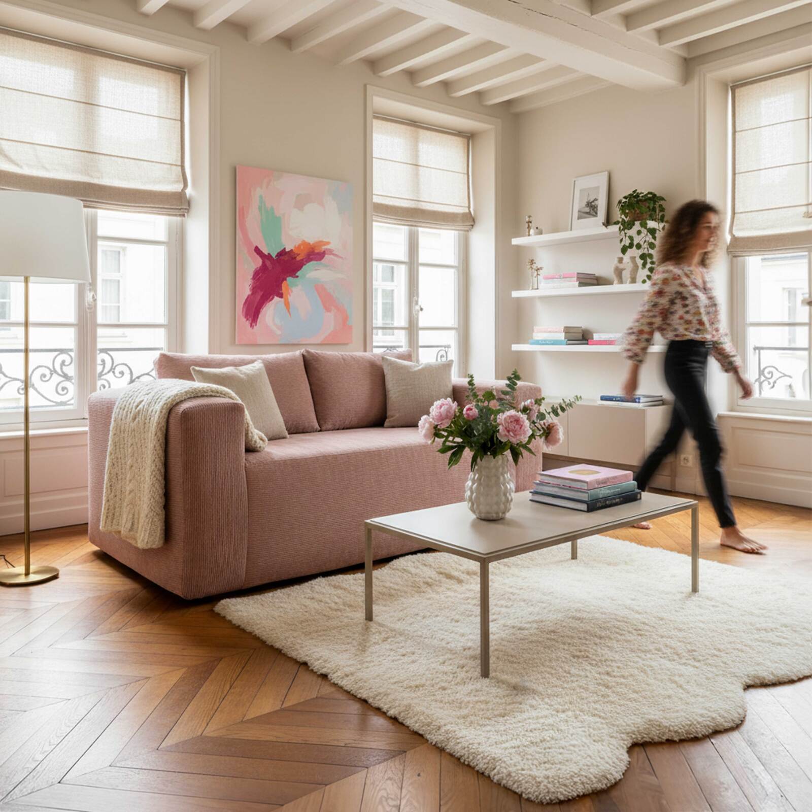 Sofá 2 plazas en tejido acanalado con cojínes