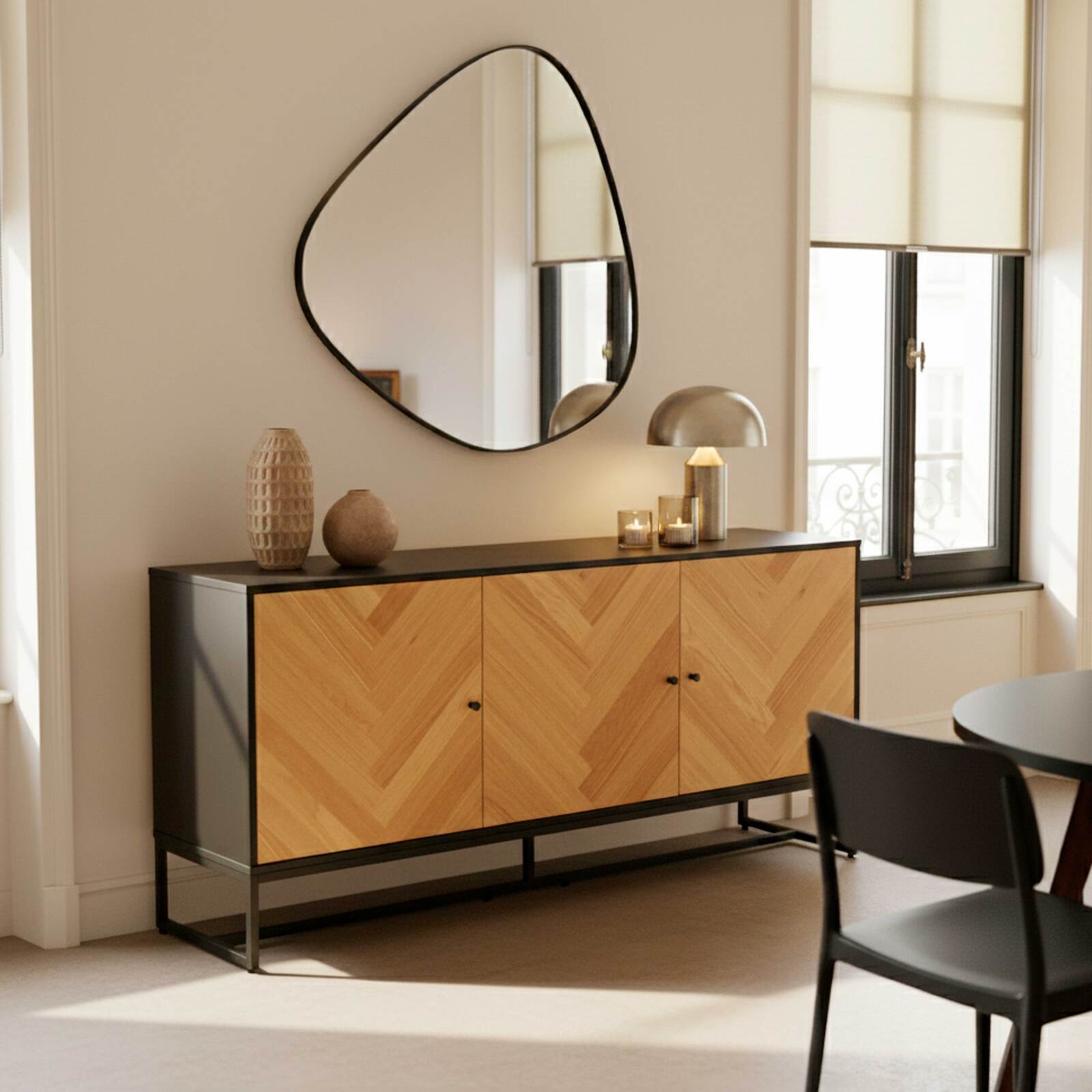 Aparador negro y madera decor roble FSC® 3 puertas 160 cm estilo boho