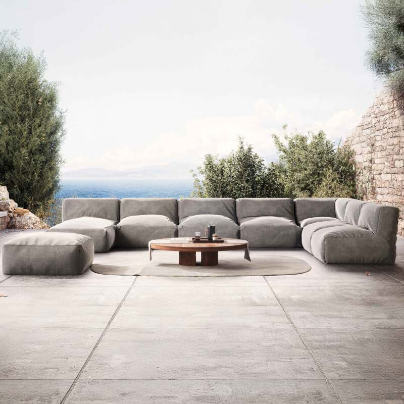 Sofá modular de exterior para 8 personas con 5 sillones, 1 sillón esquinero, 1 chaise longue y 1 puf