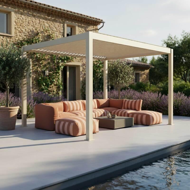Pérgola bioclimática 4x3 m autoportante motorizada en aluminio crema con iluminación LED