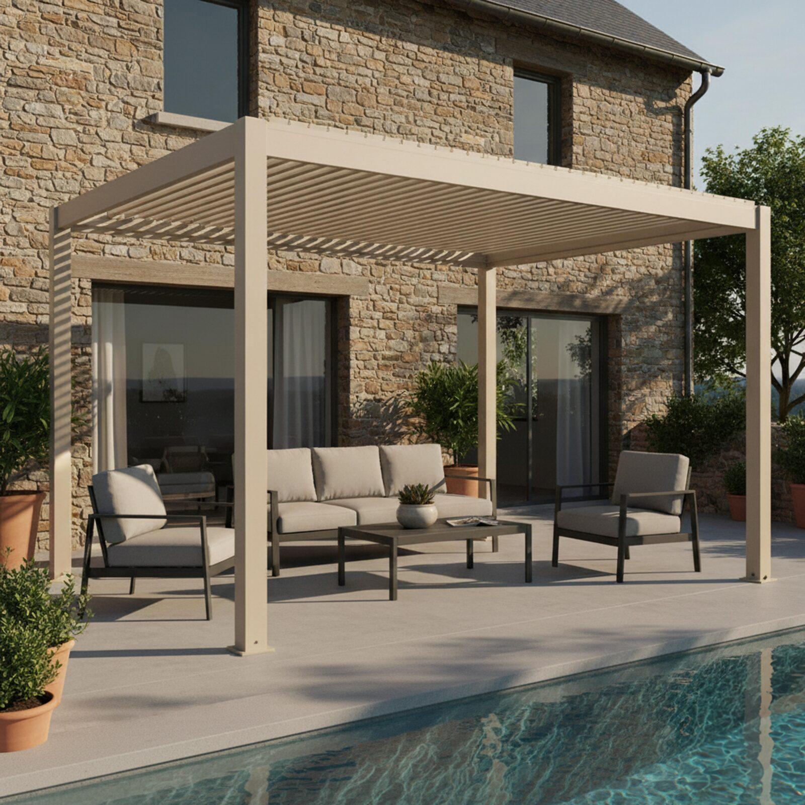 Pérgola bioclimática 4x3 m autoportante motorizada en aluminio crema con iluminación LED