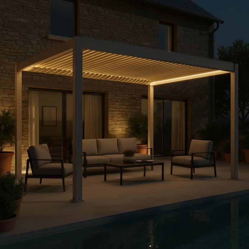 Pérgola bioclimática 4x3 m autoportante motorizada en aluminio crema con iluminación LED