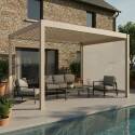 Pérgola bioclimática 4x3 m autoportante motorizada en aluminio crema con iluminación LED con toldo