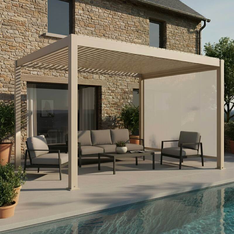 Pérgola bioclimática 4x3 m autoportante motorizada en aluminio crema con iluminación LED con toldo