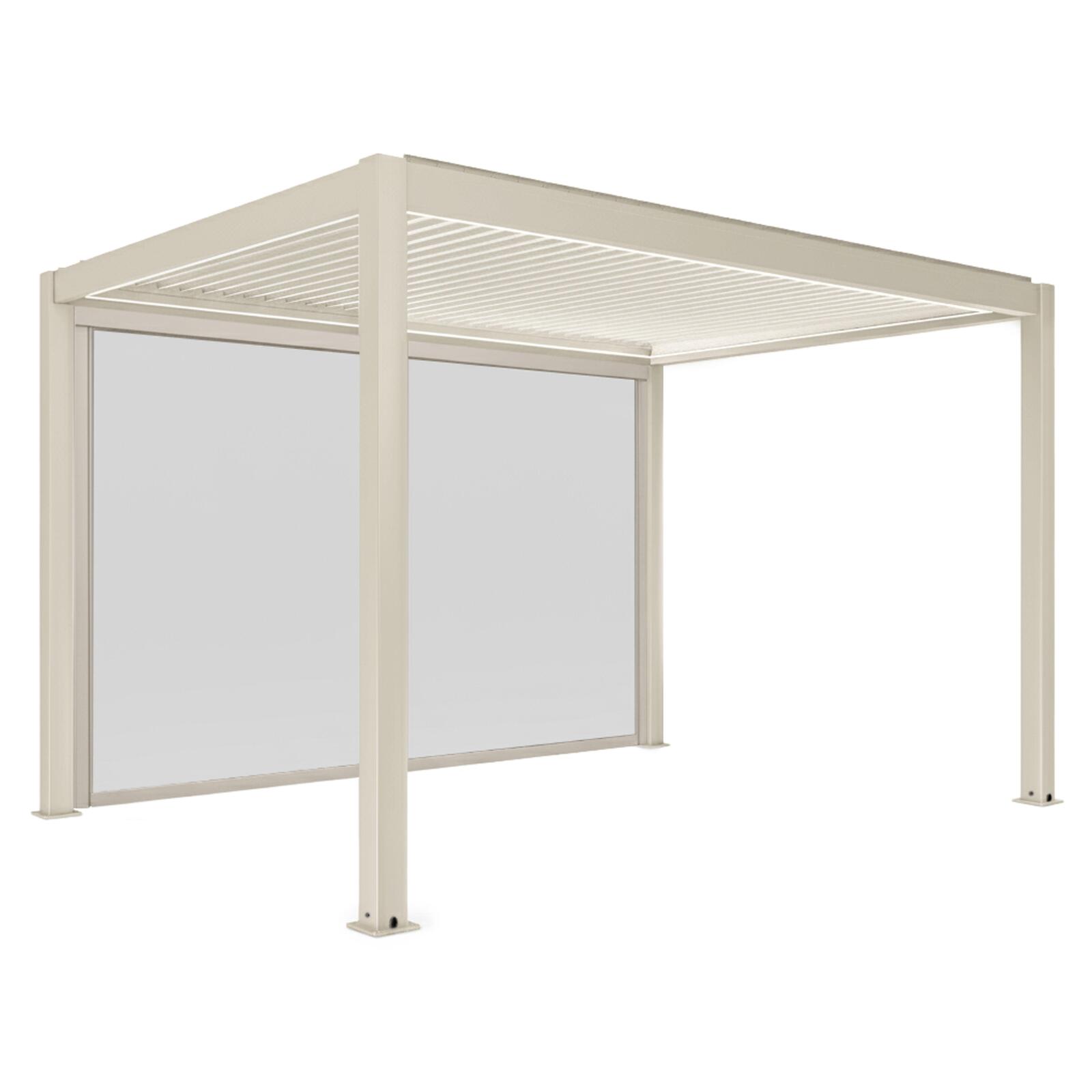 Pérgola bioclimática 4x3 m autoportante motorizada en aluminio crema con iluminación LED con toldo