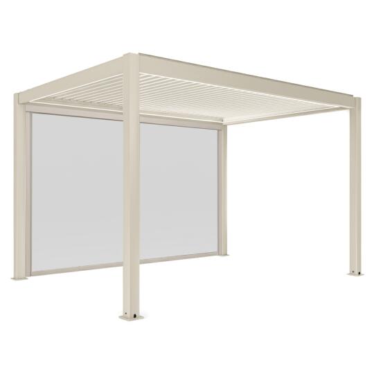 Pérgola bioclimática 4x3 m autoportante motorizada en aluminio crema con iluminación LED con toldo | Oviala