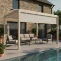 Pérgola bioclimática 4x3 m autoportante motorizada en aluminio crema con iluminación LED con toldo