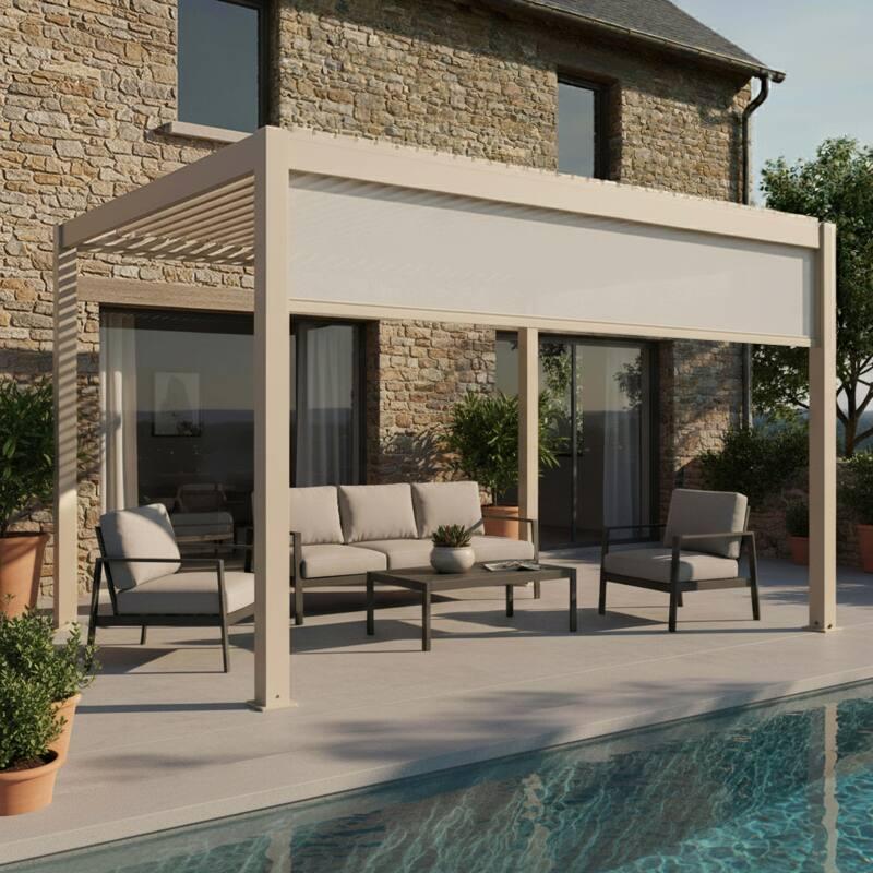 Pérgola bioclimática 4x3 m autoportante motorizada en aluminio crema con iluminación LED con toldo