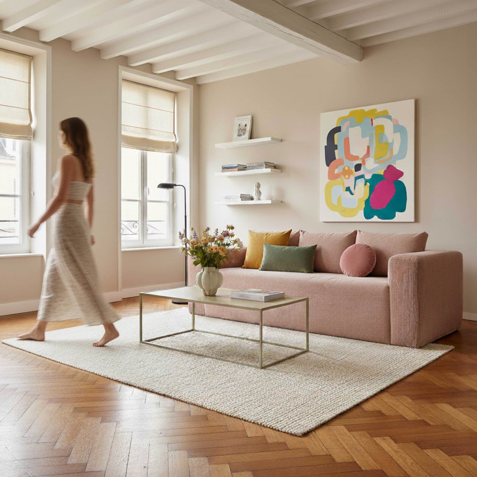 Sofá de 3 plazas en tejido acanalado con cojínes