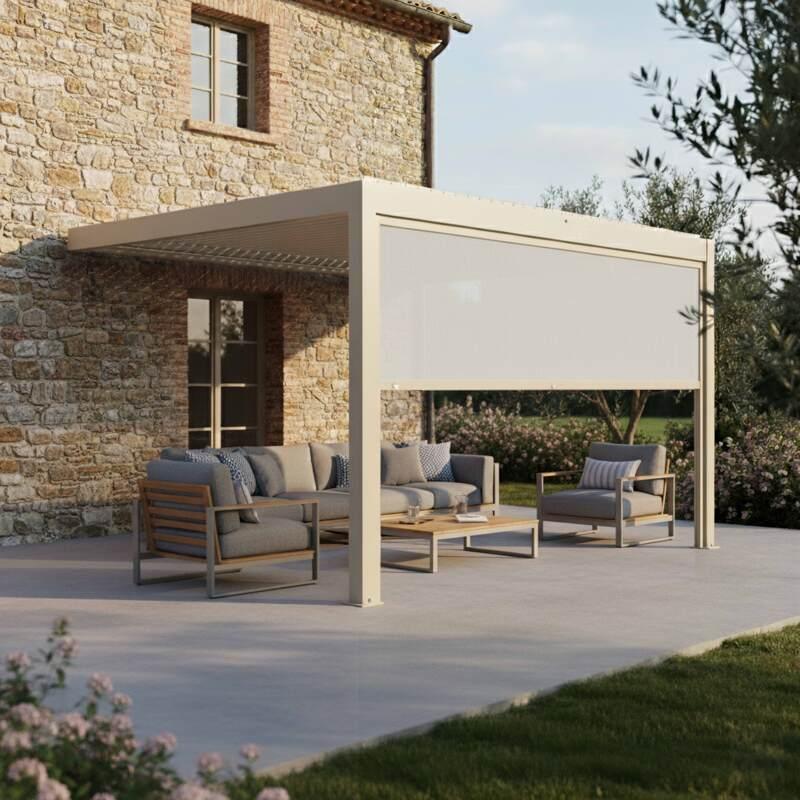 Pérgola bioclimática 4x3 m adosada motorizada en aluminio crema con iluminación LED y con toldo - Lifestyle (2/7)