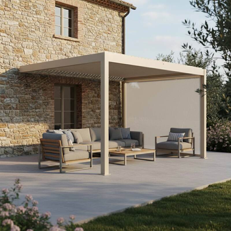 Pérgola bioclimática 4x3 m adosada motorizada en aluminio crema con iluminación LED y con toldo - Lifestyle