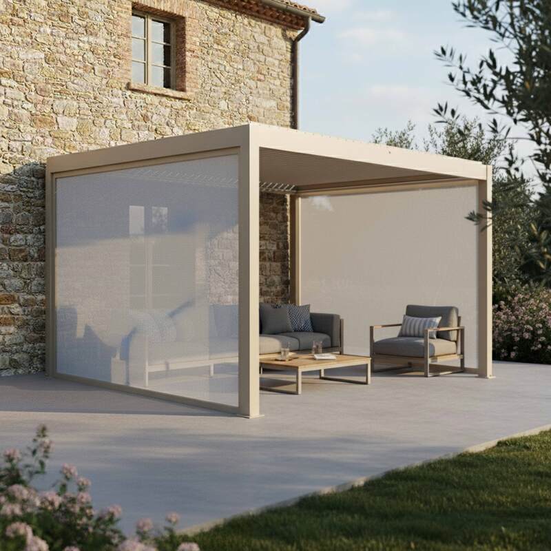 Pérgola bioclimática 4x3 m adosada motorizada en aluminio crema con iluminación LED y con toldo - Lifestyle