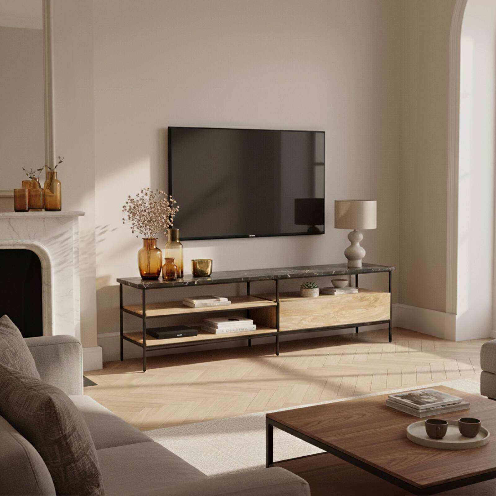 Mueble TV negro y madera de mango maciza con mármol 150 cm