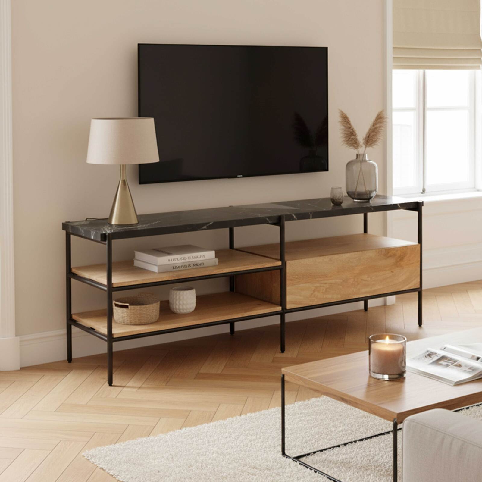 Mueble TV negro y madera de mango maciza con mármol 150 cm