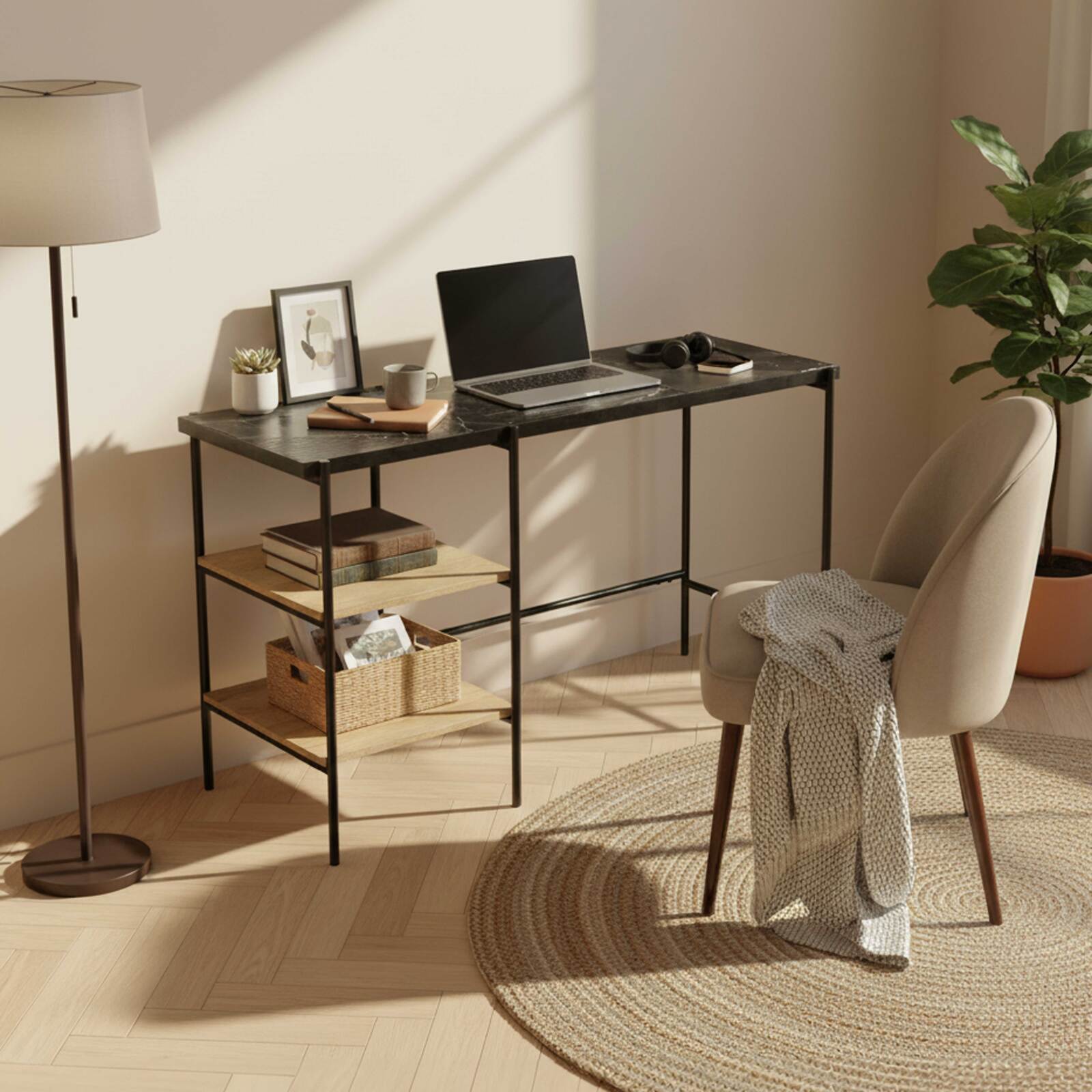 Escritorio con estantes de mármol y madera de mango